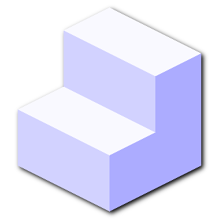 a solid white isometric minecraft stair with slight blue lighting and a black drop shadow